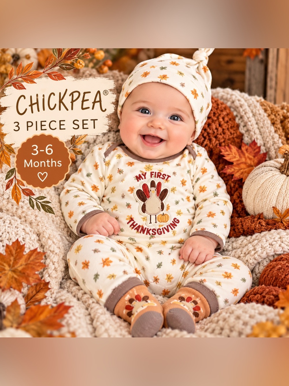 Adorable Chickpea “My First Thanksgiving” 3-piece baby outfit set